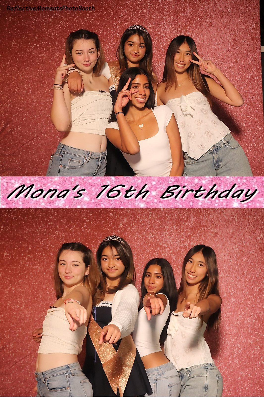 Group of friends celebrating at the Sweet 16 mirror photo booth